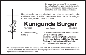 Traueranzeige von Kunigunde Burger von Pegnitz-Zeitung